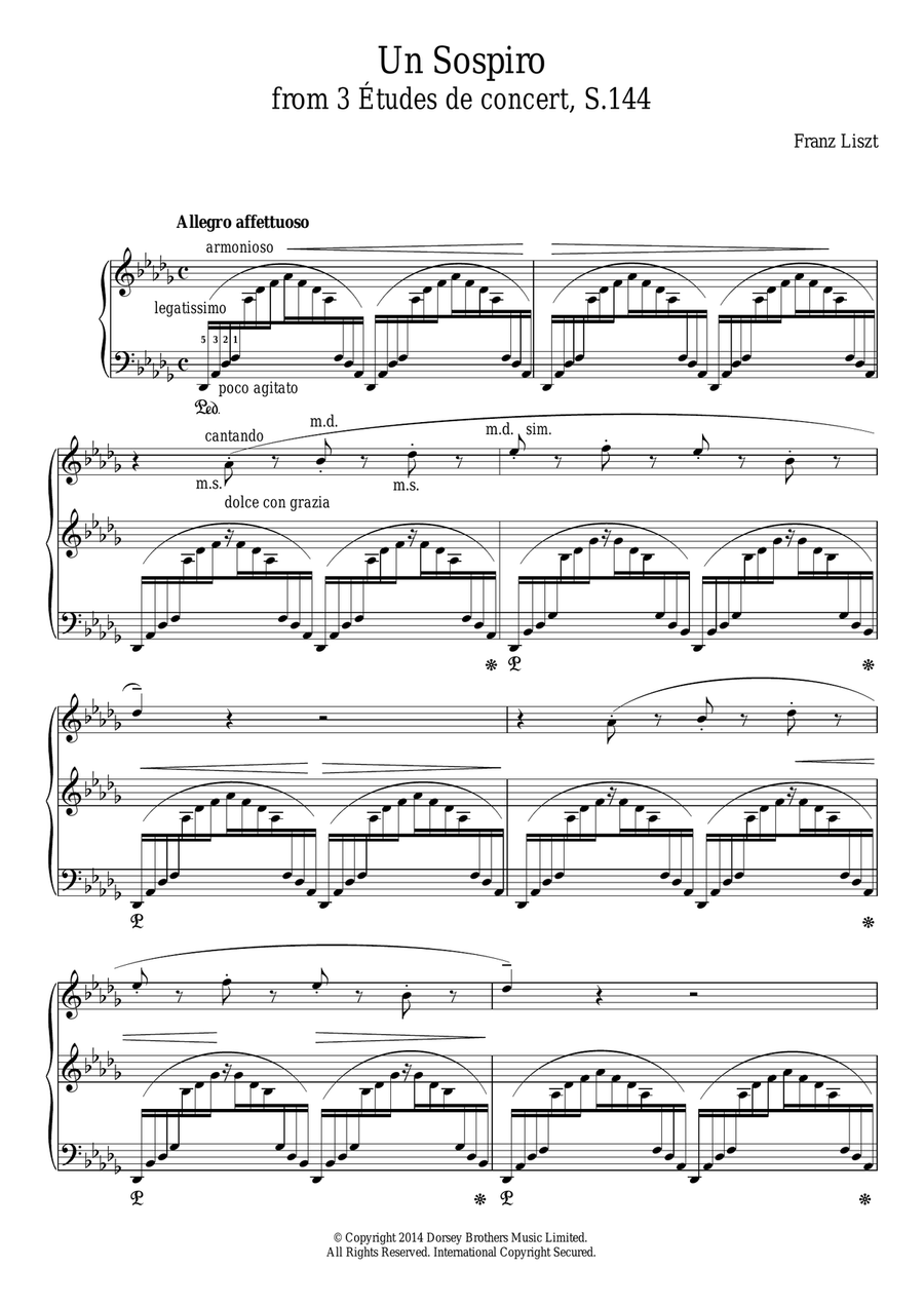 Un Sospiro, For Piano In D Flat Major (grande Études De Concert No. 3) Piano Solo scores gallery preview page 1