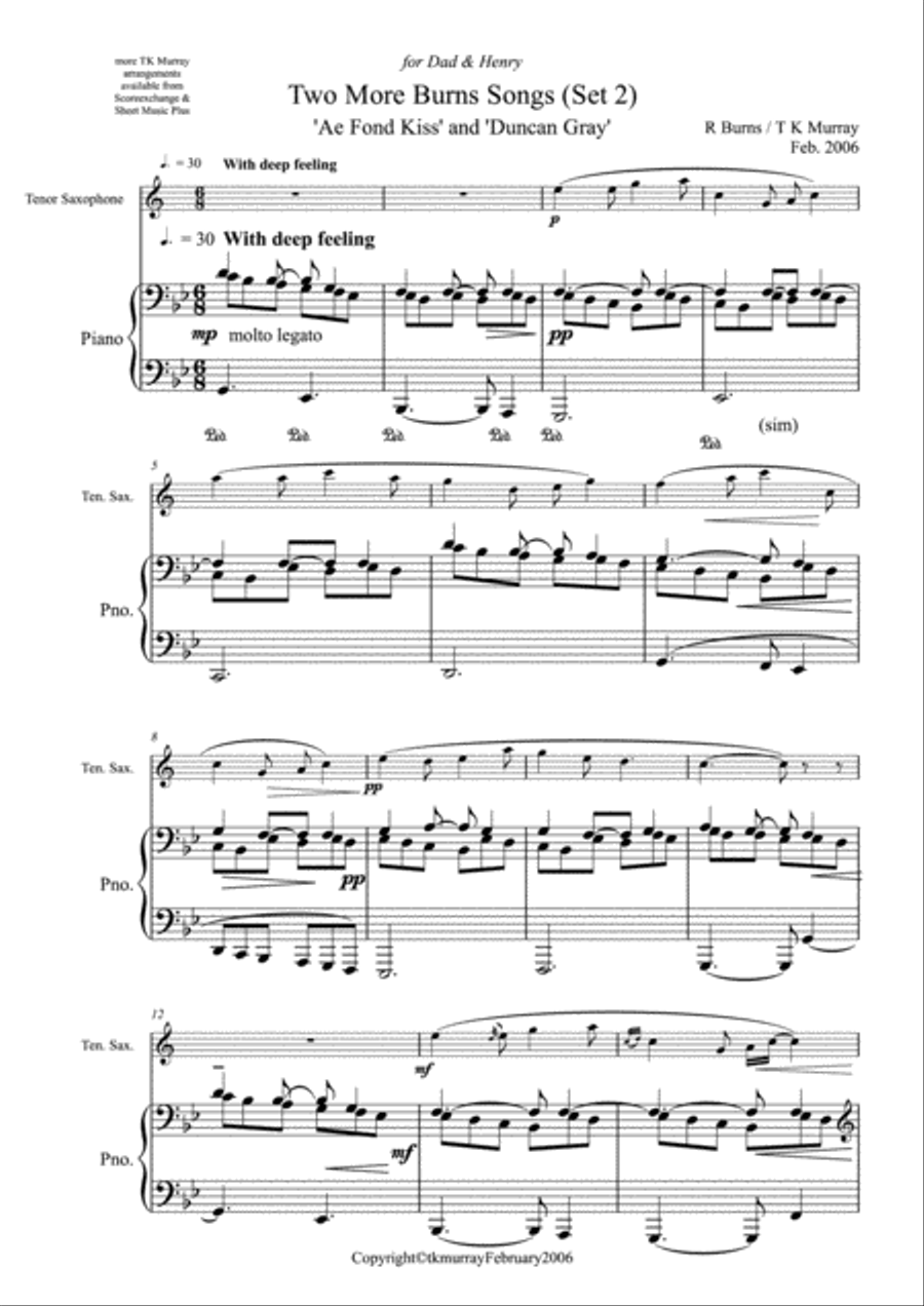 Burns Songs - Set 2 - Tenor Saxophone - TK Murray Tenor Saxophone scores gallery preview page 1