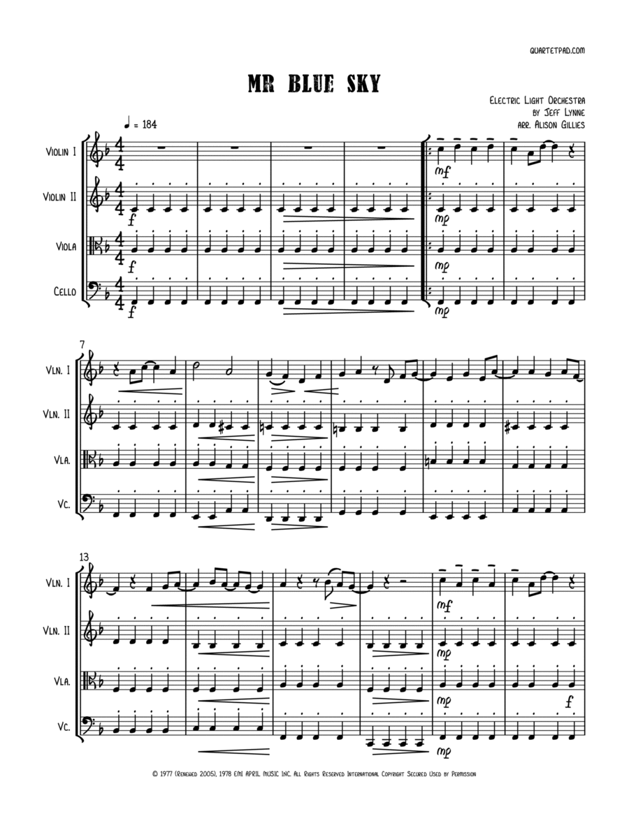 Mr. Blue Sky String Quartet scores gallery preview page 1