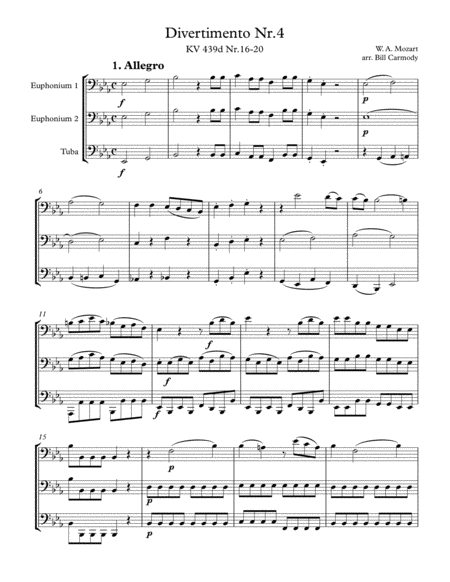 Mozart Divertimento Nr 4 KV 439d (16-20) Bass Clef Trio (5 mvts)