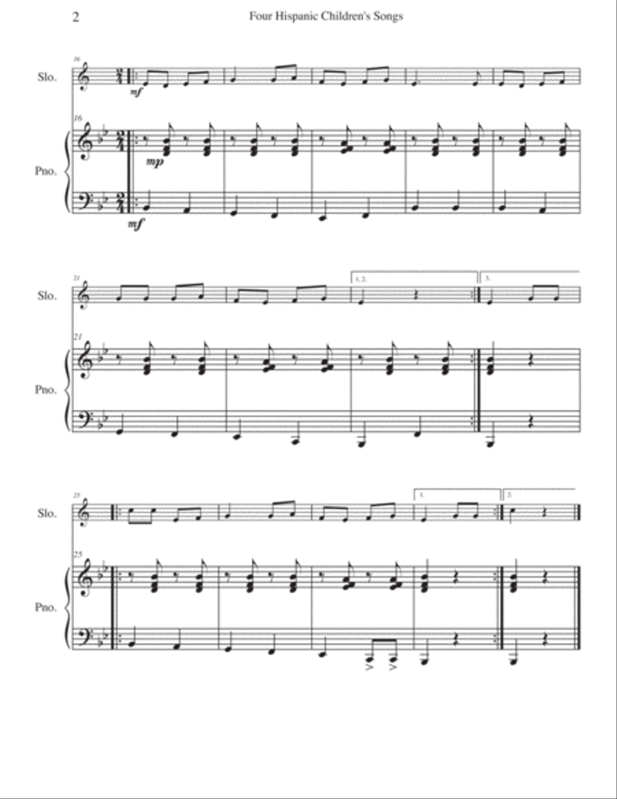 Four Hispanic Children’s Songs for Trumpet in Bb or Clarinet in Bb and Piano B-Flat Clarinet scores gallery preview page 4