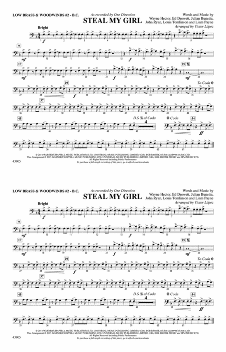 Steal My Girl: Low Brass & Woodwinds #2 - Bass Clef