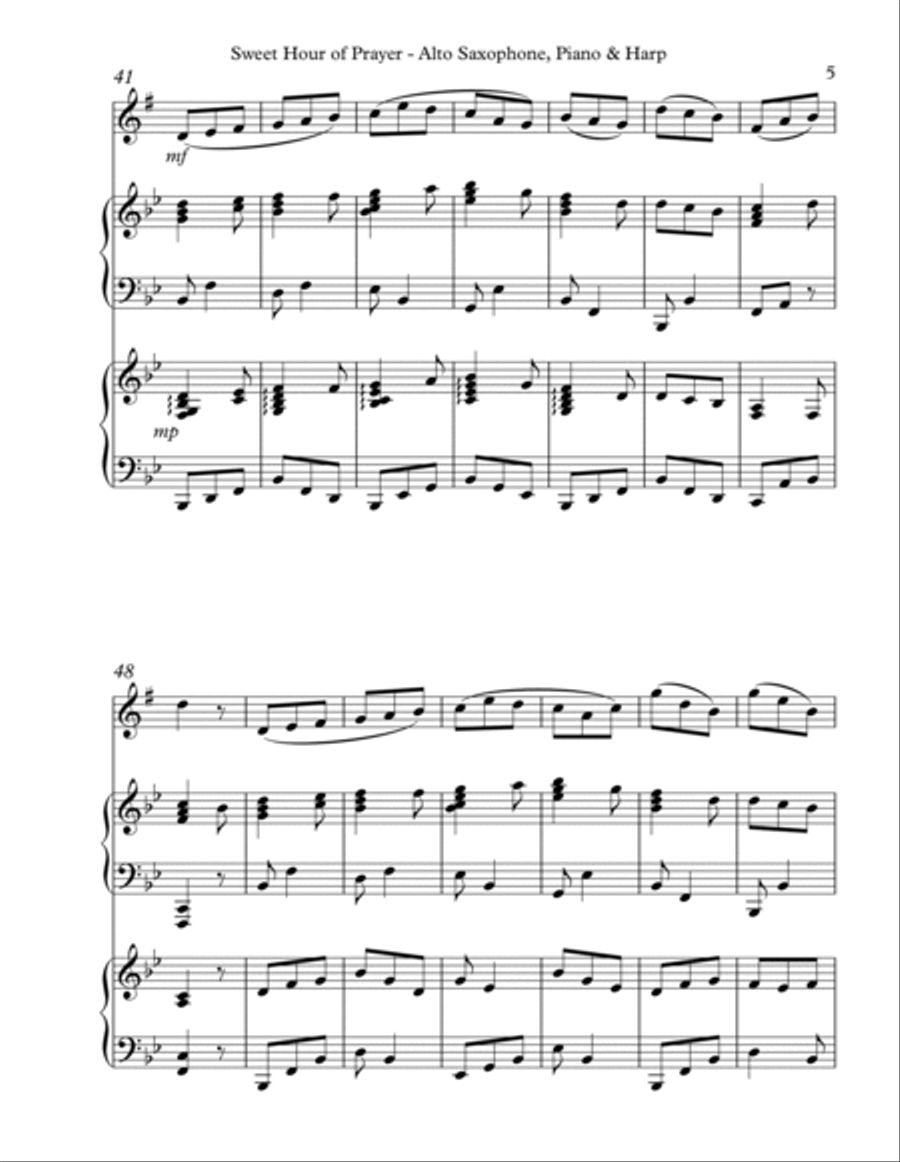 Sweet Hour of Prayer, Trio for Eb Alto Saxophone, Piano & Harp Alto Saxophone scores gallery preview page 5