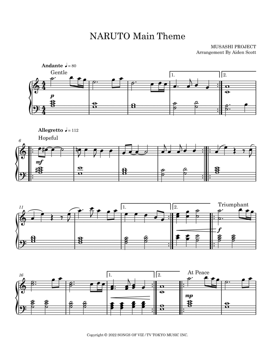 Naruto Main Theme Easy Piano scores gallery preview page 1