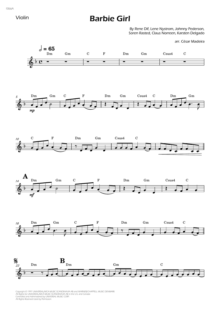 Barbie Girl by Aqua Violin Solo Digital Sheet Music Sheet