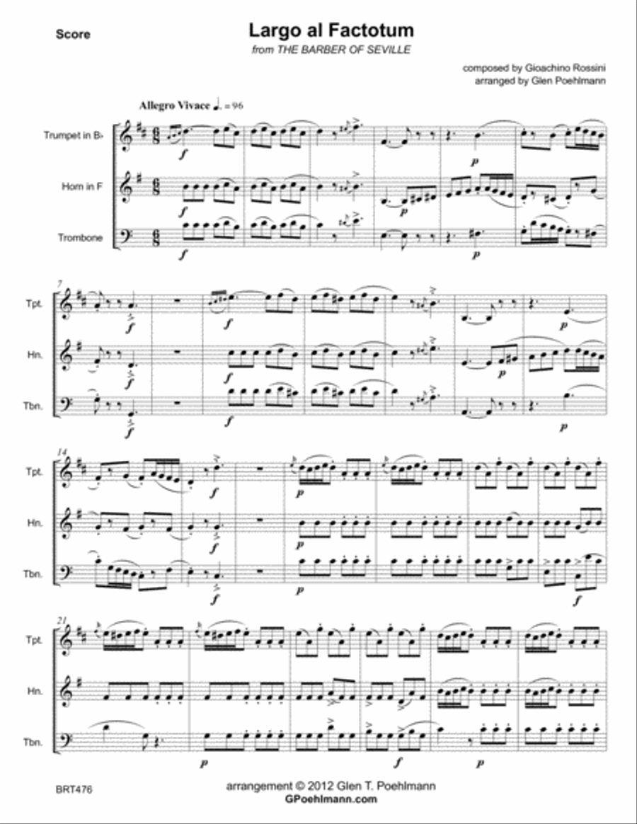 LARGO AL FACTOTUM (the Barber of Seville) for BRASS TRIO (unaccompanied) Brass Trio scores gallery preview page 1