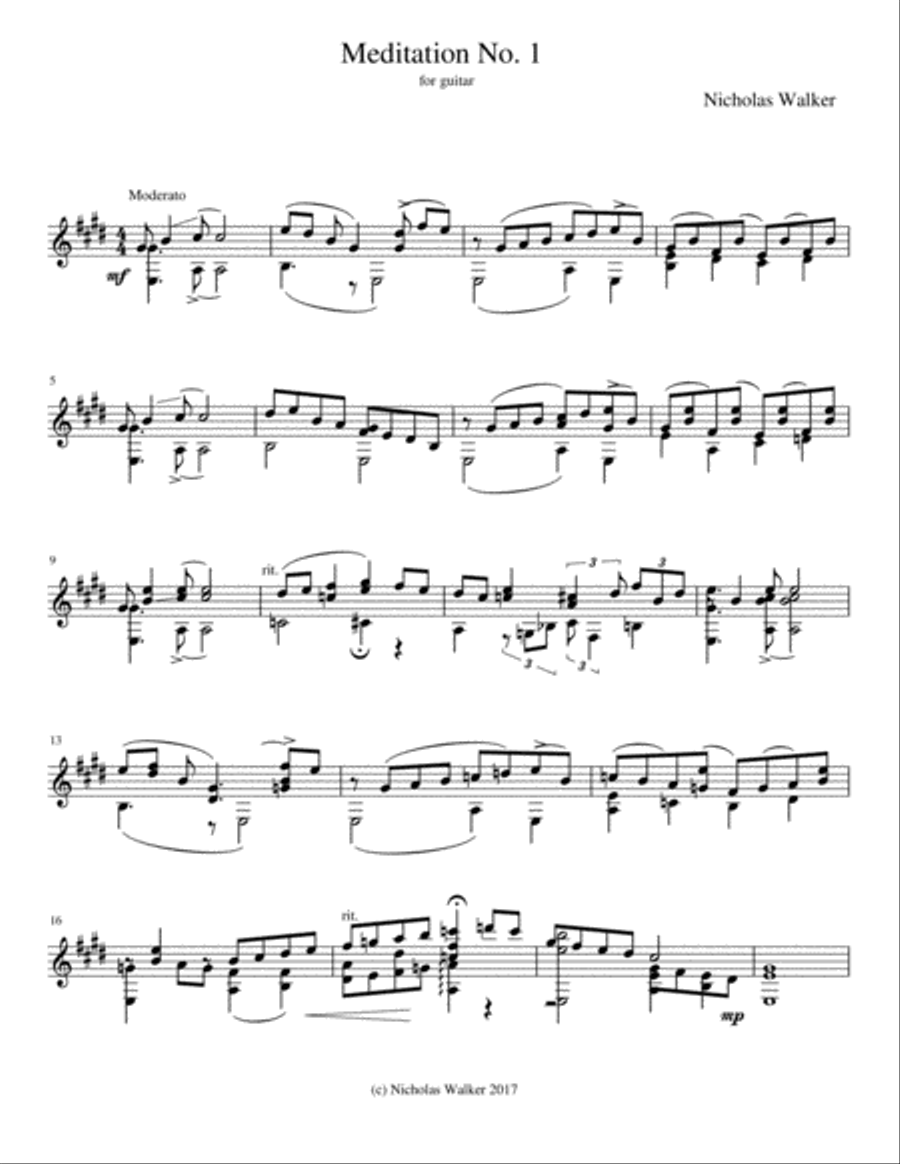 Meditation No. 1, for solo Guitar Classical Guitar scores gallery preview page 1