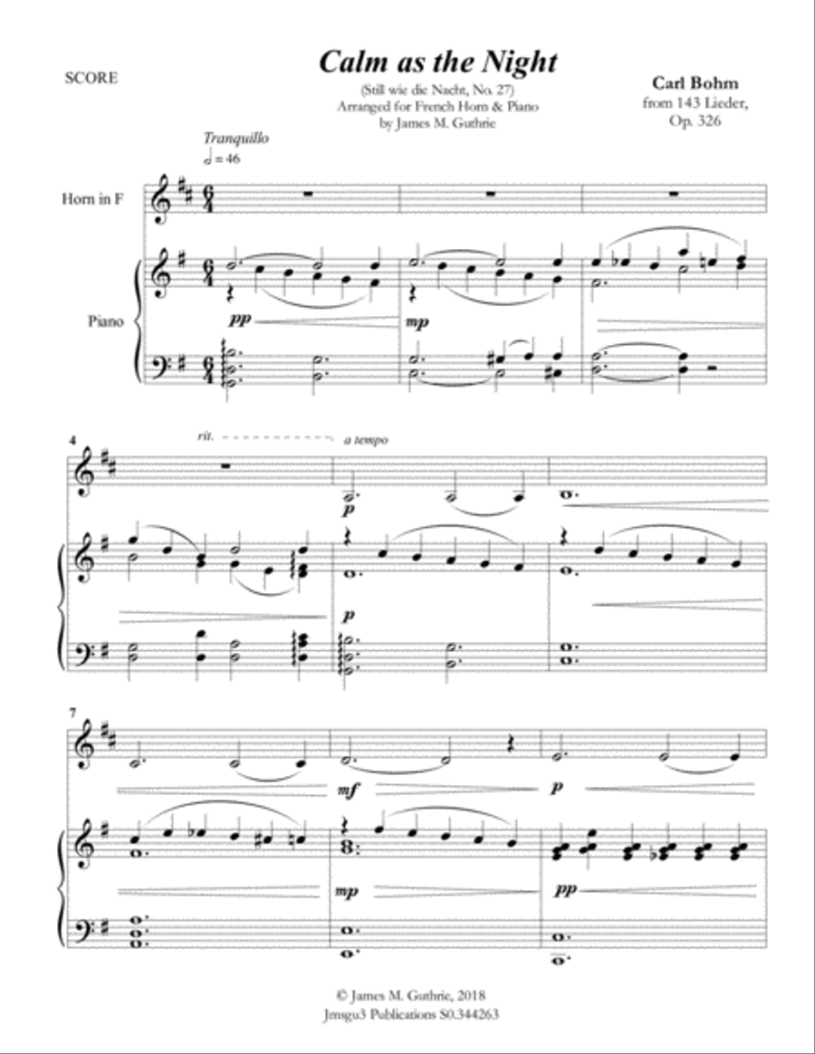 Bohm: Calm as the Night for French Horn & Piano Horn scores gallery preview page 1