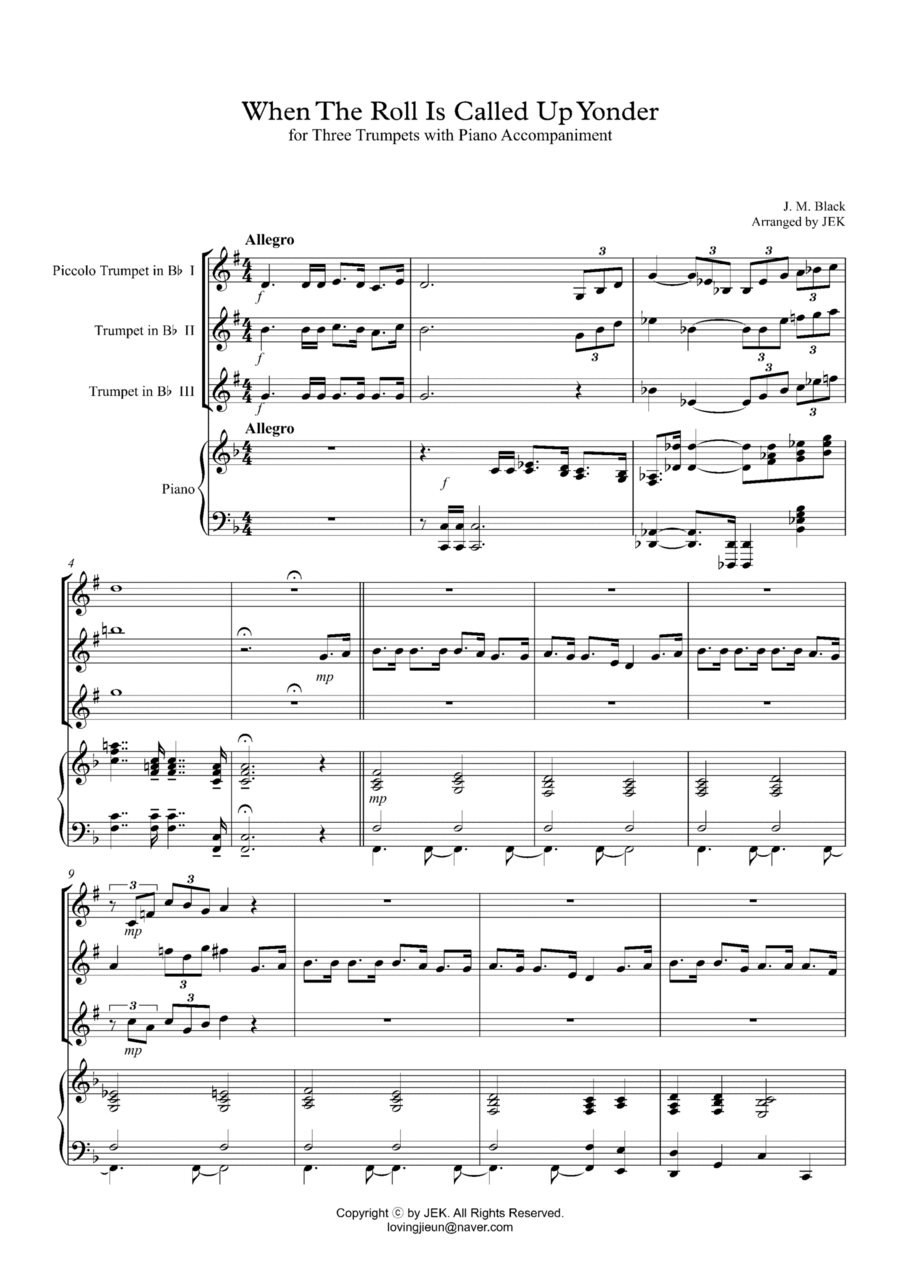 HYMN FOR TRUMPET TRIO - When The Roll Is Called Up Yonder Small Ensemble scores gallery preview page 1