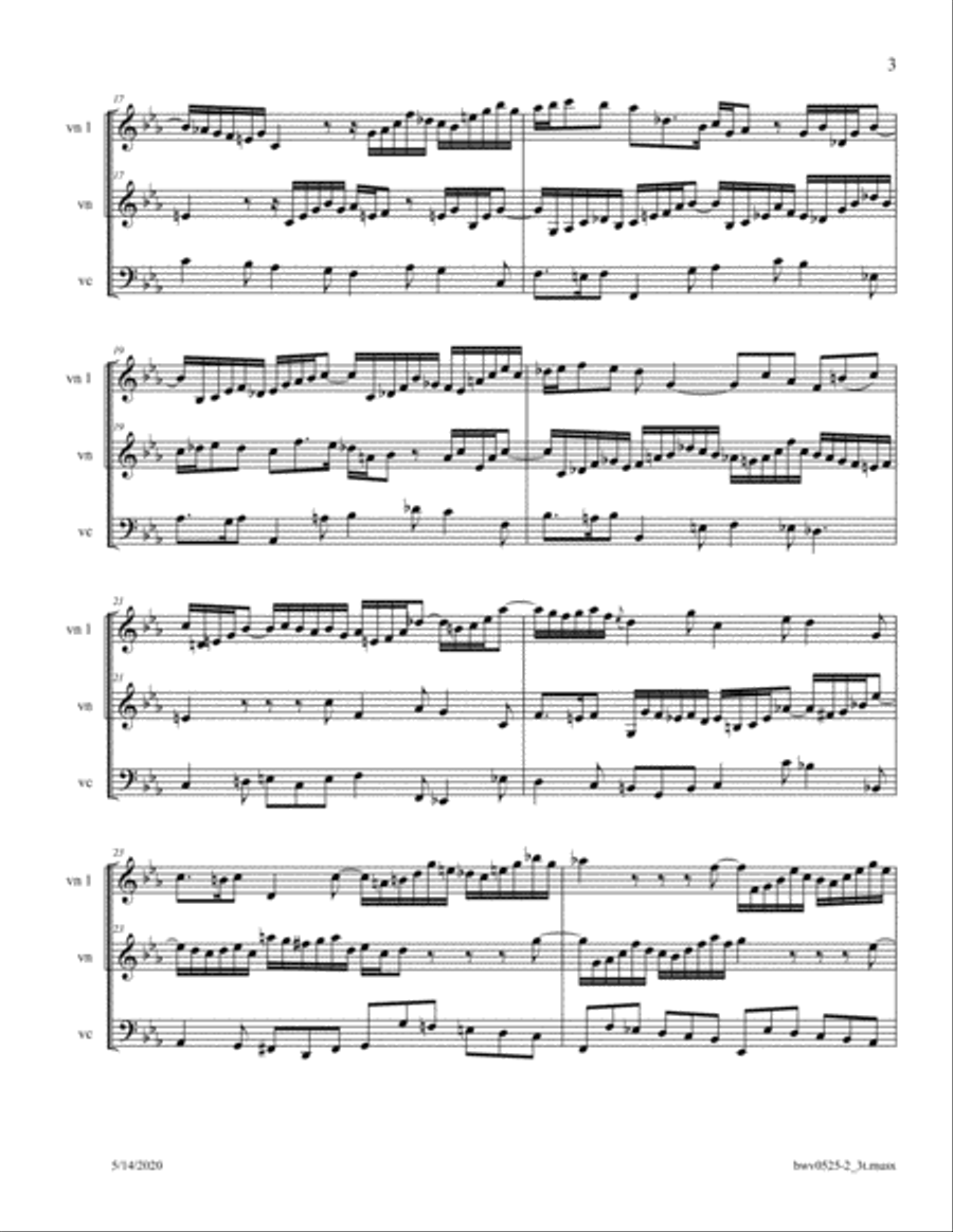 Bach: Organ Triosonata No 1 (BWV 525) Mvt 2 arr. for 2 Violins and Cello String Duet scores gallery preview page 3