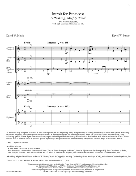 Introit for Pentecost A Rushing, Mighty Wind (Downloadable Full Score & Instrumental Parts)