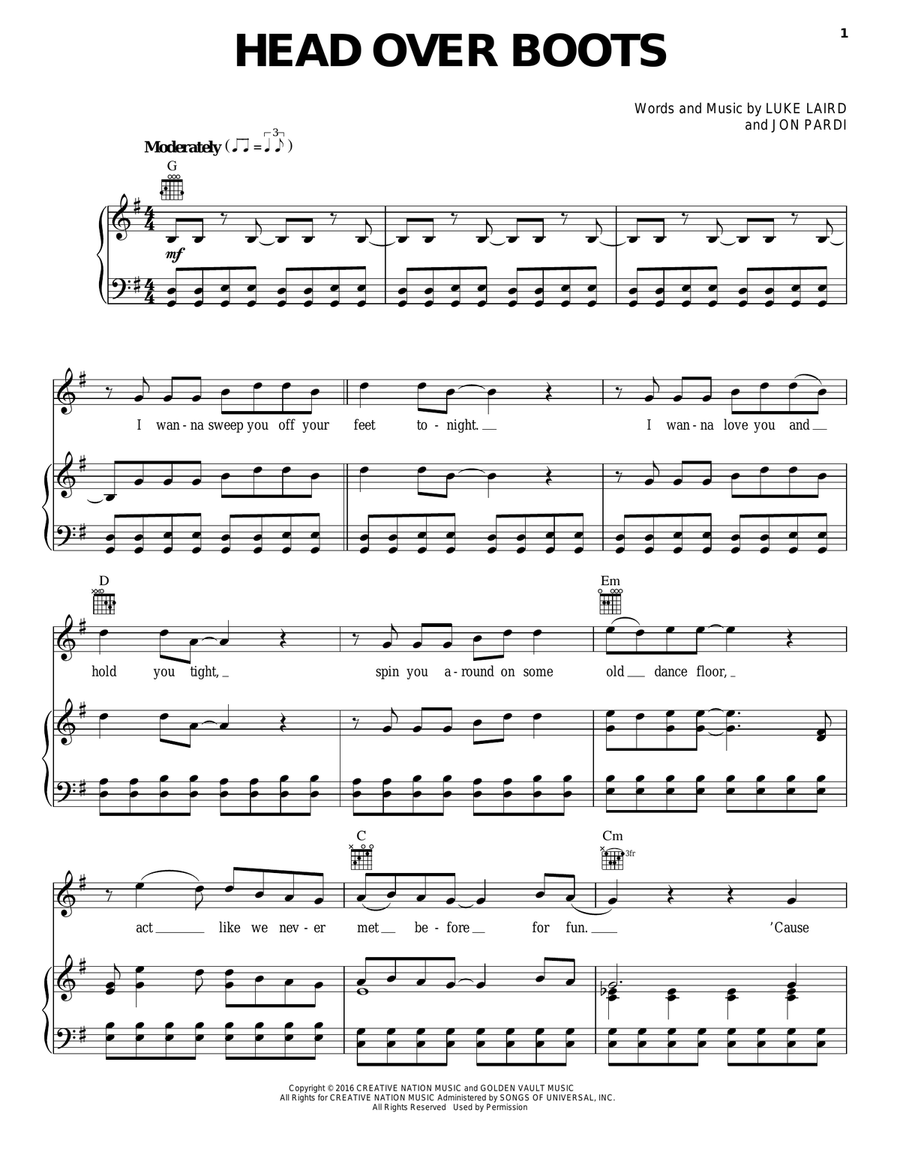 Head Over Boots Piano, Vocal, Guitar scores gallery preview page 1