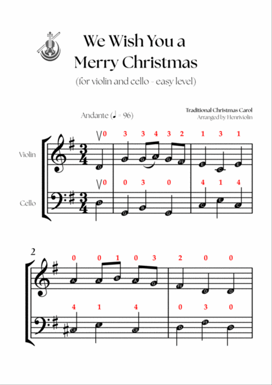 We Wish You a Merry Christmas (VIOLIN AND CELLO - EASY LEVEL) String Duet scores gallery preview page 2