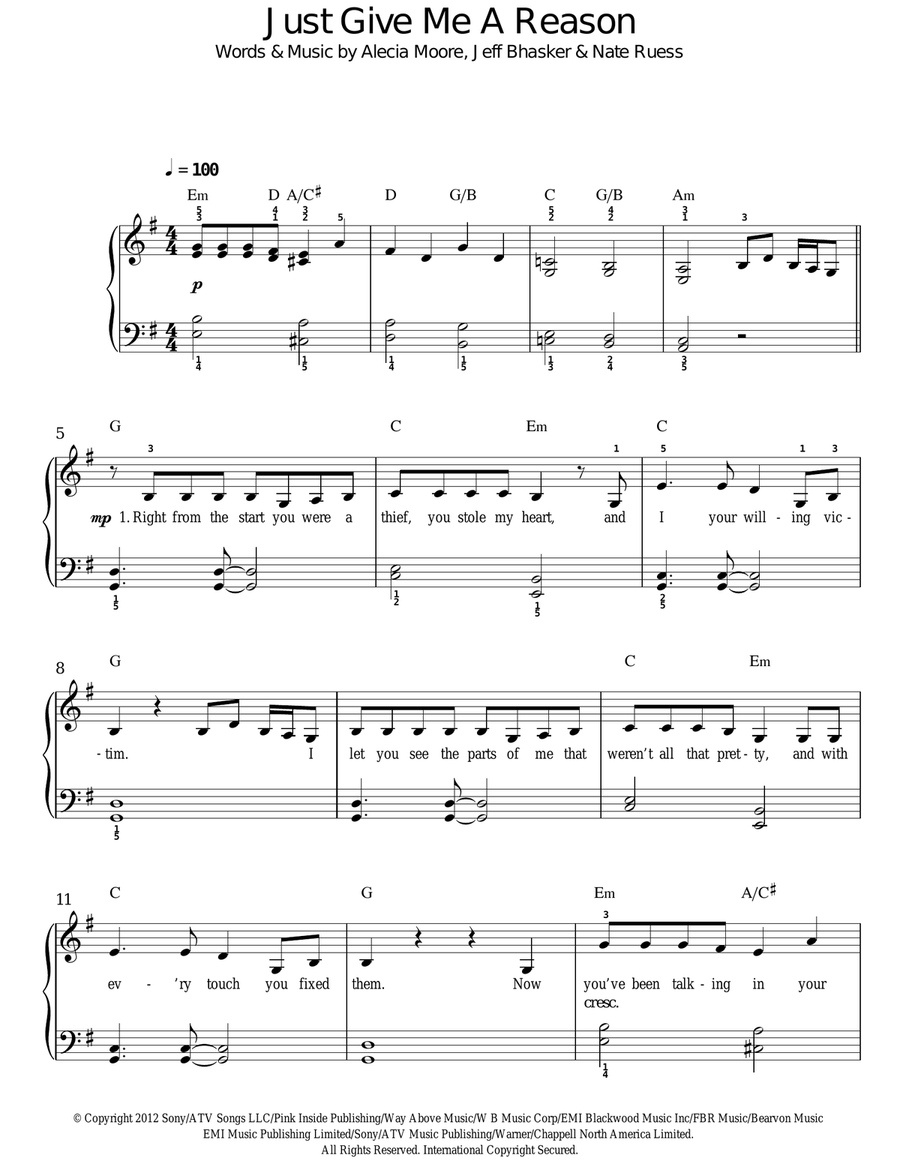Just Give Me A Reason Just Give Me A Reason Easy Piano scores gallery preview page 1