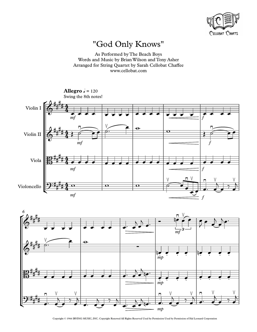 God Only Knows by The Beach Boys String Quartet - Digital Sheet Music