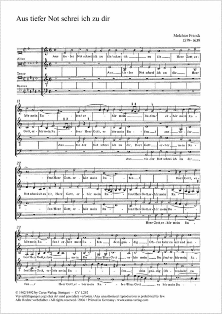 In deepest need I cry to you (Aus tiefer Not schrei ich zu dir) by Melchior Franck 4-Part - Sheet Music