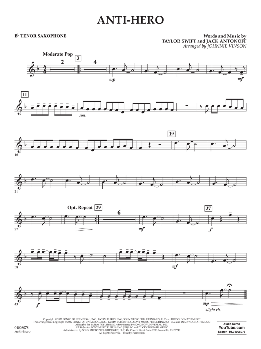 Anti-Hero (arr. Johnnie Vinson) - Bb Tenor Saxophone Concert Band scores gallery preview page 1