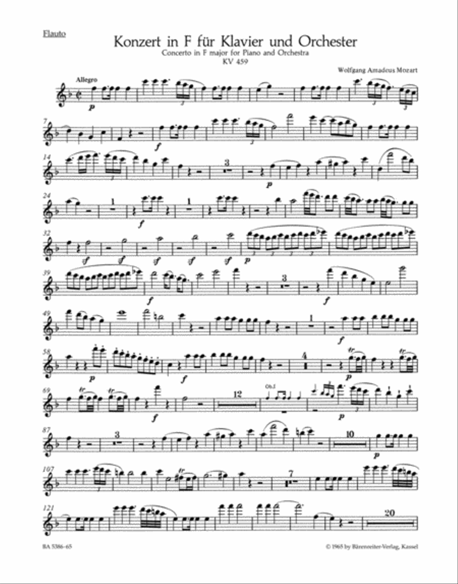 Concerto for Piano and Orchestra, No. 19 F major, KV 459 Flute scores gallery preview page 1