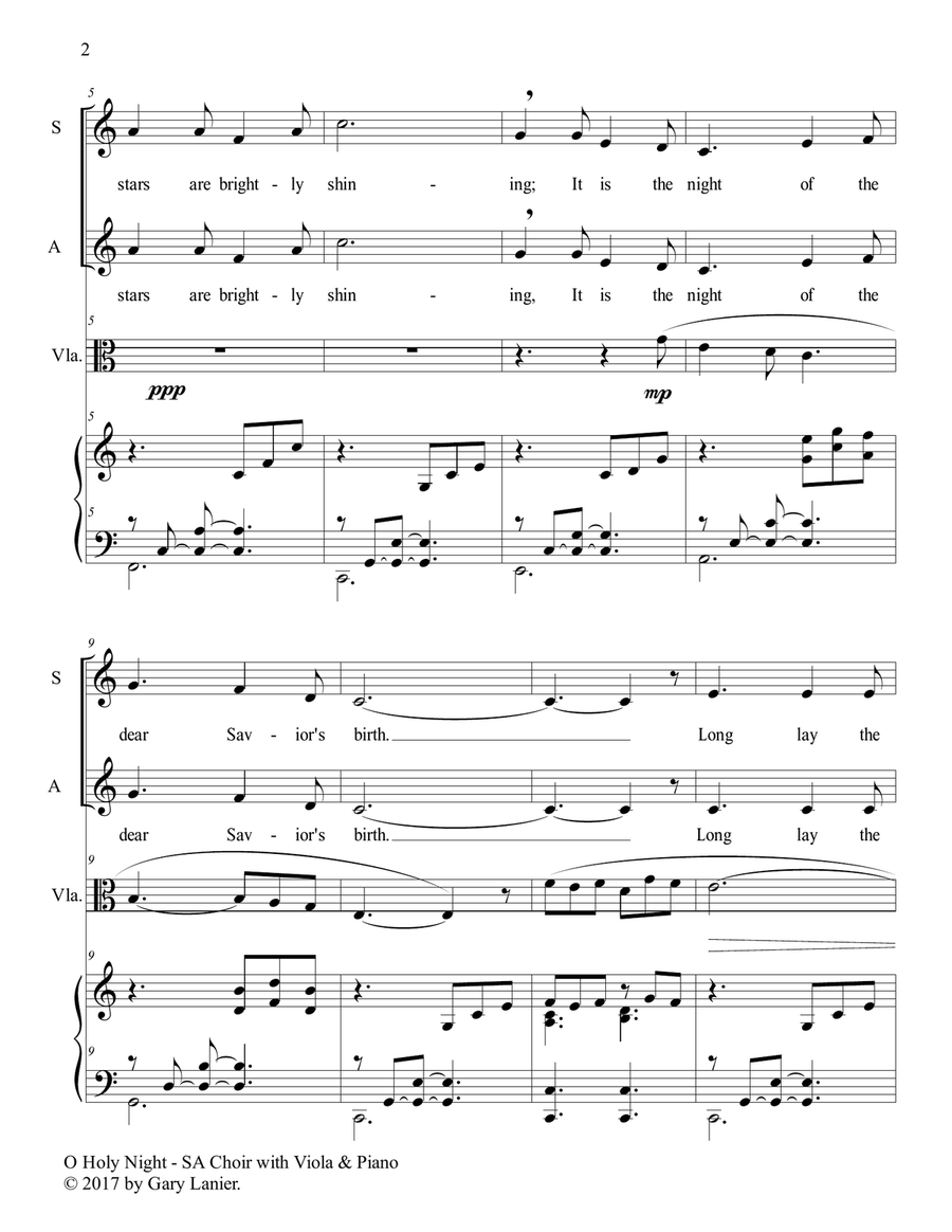 O HOLY NIGHT (SA Choir with Viola & Piano - Score & Parts included) SA scores gallery preview page 3
