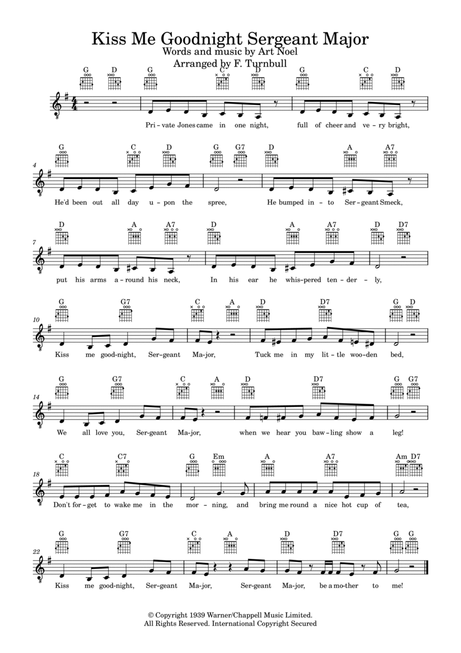 Kiss Me Goodnight, Sergeant Major Piano, Vocal, Guitar scores gallery preview page 1