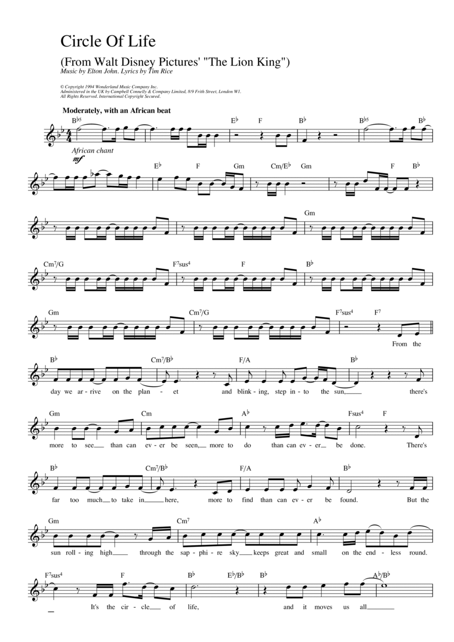 Circle Of Life (from The Lion King) Piano scores gallery preview page 1