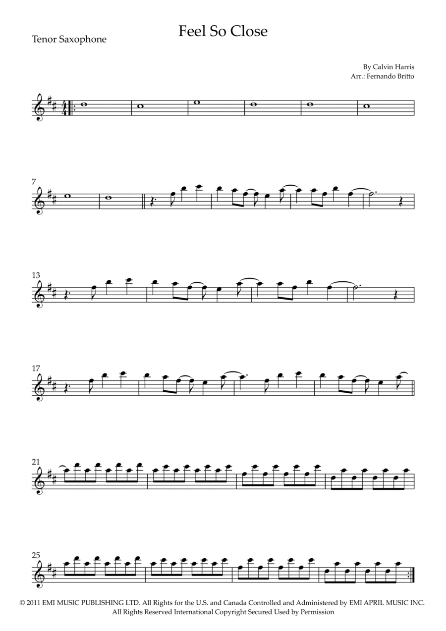 Feel So Close Feel So Close Tenor Saxophone scores gallery preview page 1