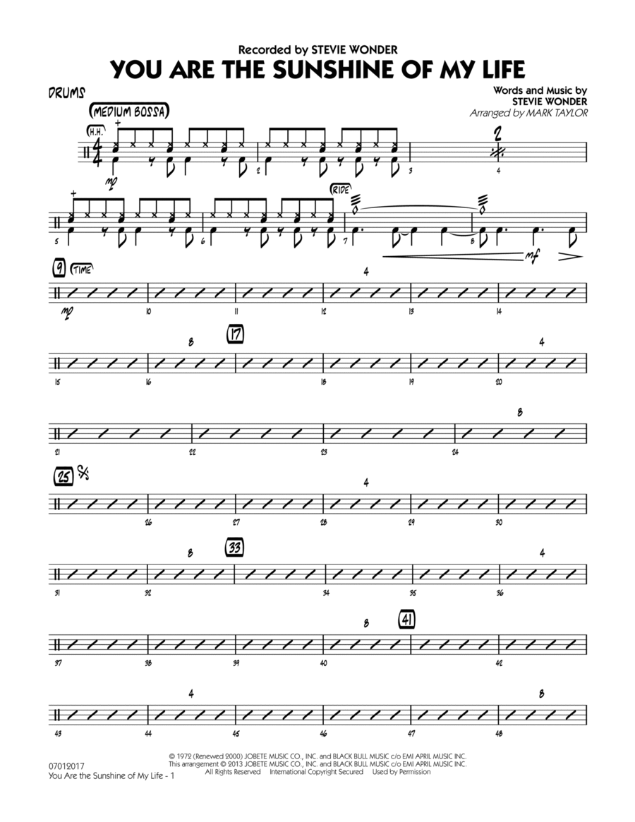 You Are the Sunshine of My Life (Key: C) - Drums Jazz Ensemble scores gallery preview page 1