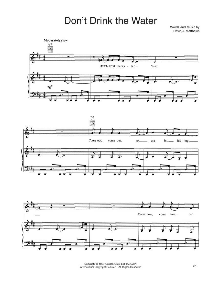 Don't Drink The Water Piano, Vocal, Guitar scores gallery preview page 1