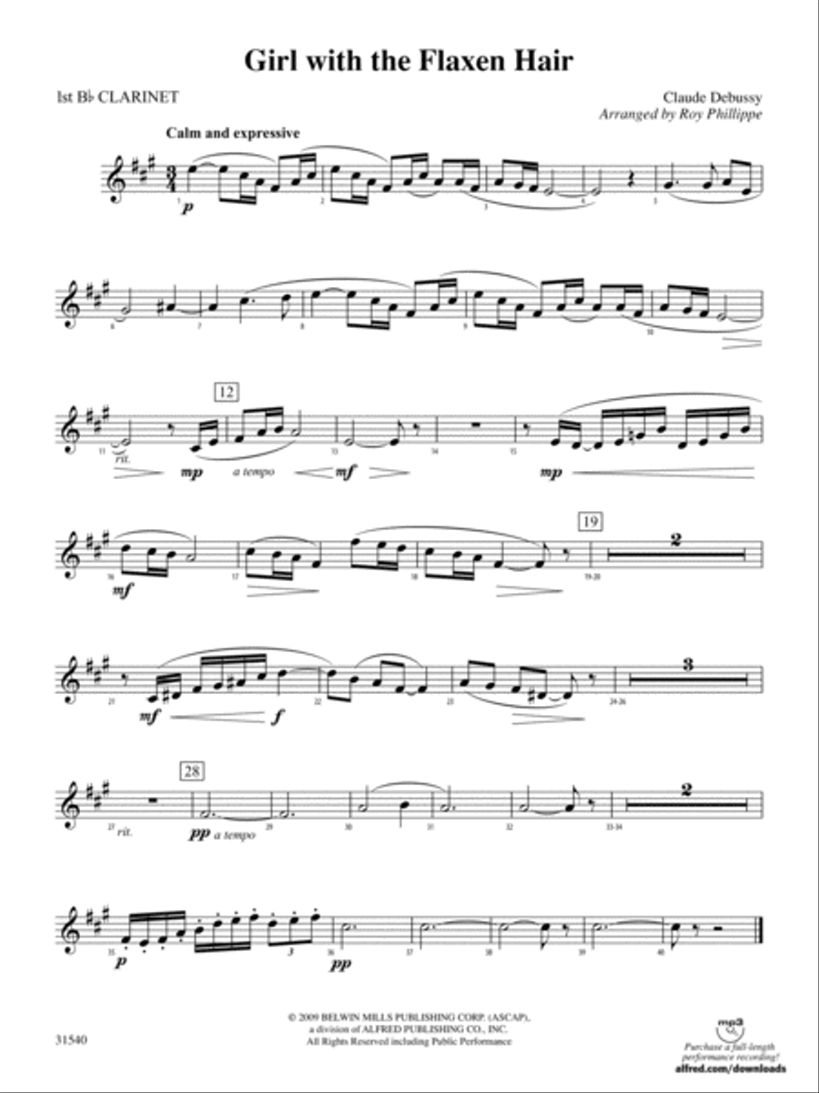 Girl with the Flaxen Hair: 1st B-flat Clarinet Full Orchestra scores gallery preview page 1