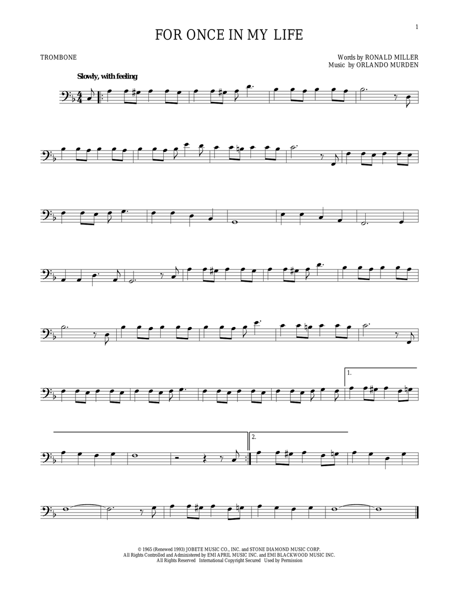 For Once In My Life Trombone Solo scores gallery preview page 1