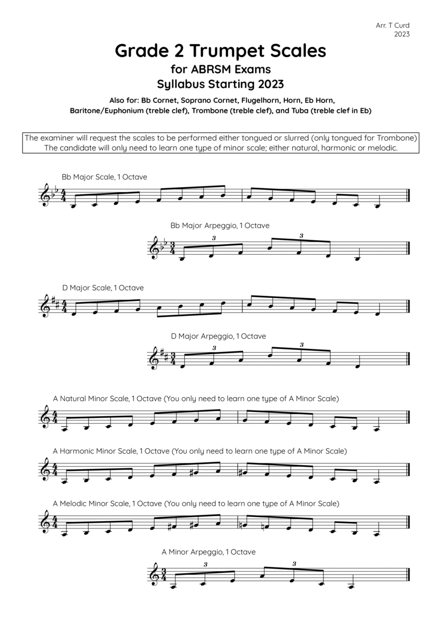Trumpet Scales Grade 2. For the new ABRSM Syllabus from 2023. B-Flat Trumpet - Digital Sheet Music