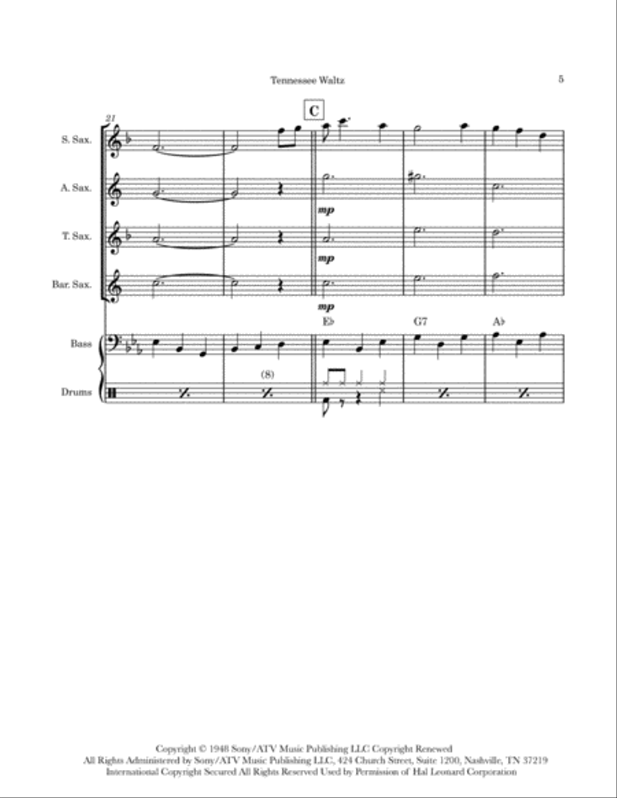 Tennessee Waltz Saxophone Quartet scores gallery preview page 5