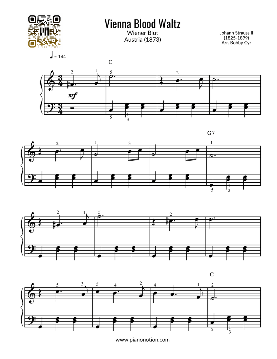 Wiener Blut Theme - Vienna Blood Waltz (Easy Piano Solo) Easy Piano scores gallery preview page 1