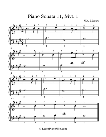 Piano Sonata No.11 A major, W.A. Mozart - Easy Piano image number null