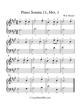 Piano Sonata No.11 A major, W.A. Mozart - Easy Piano