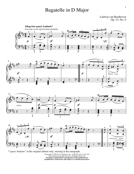 Bagatelle In D Major, Op. 33, No. 6
