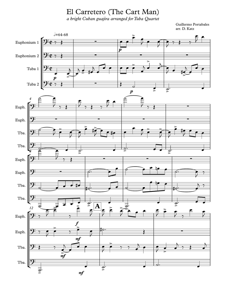 El Carretero (The cart driver): a Cuban guajira for Tuba Quartet Tuba Quartet scores gallery preview page 1