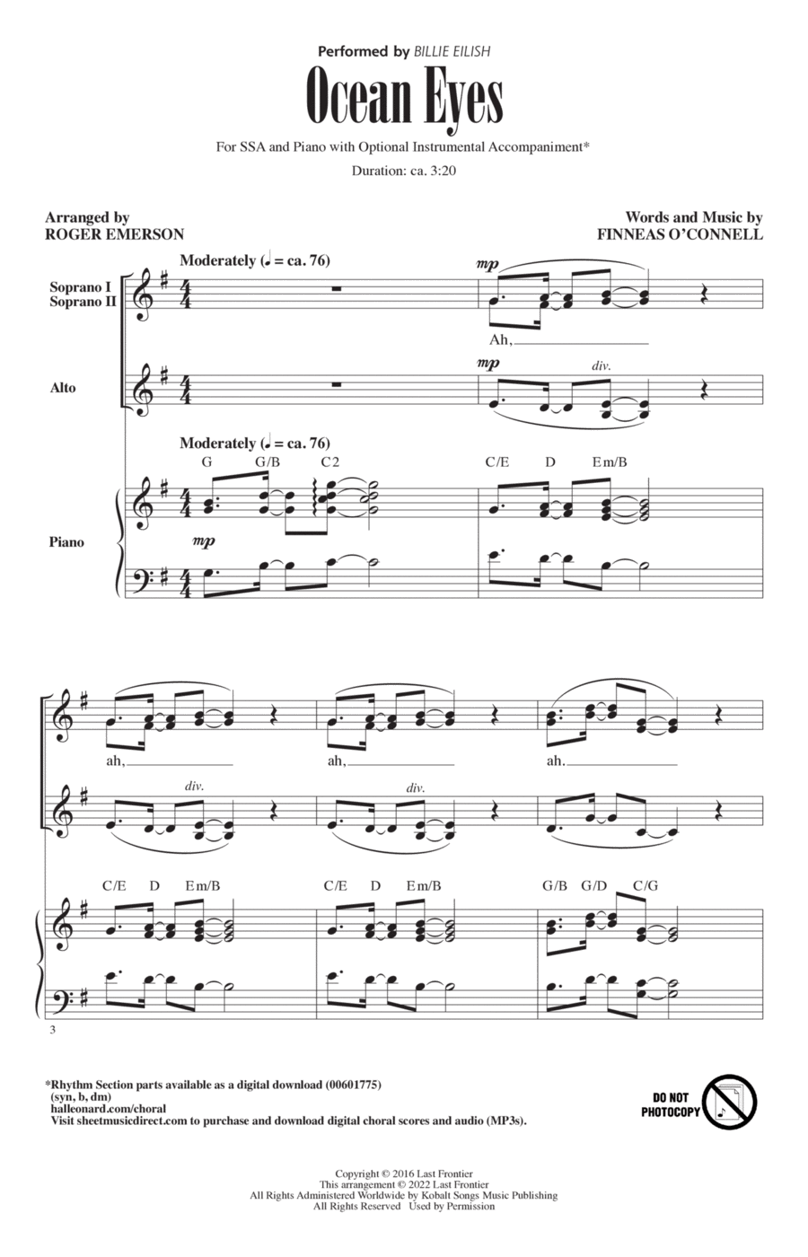 ocean eyes (arr. Roger Emerson) SSA scores gallery preview page 1