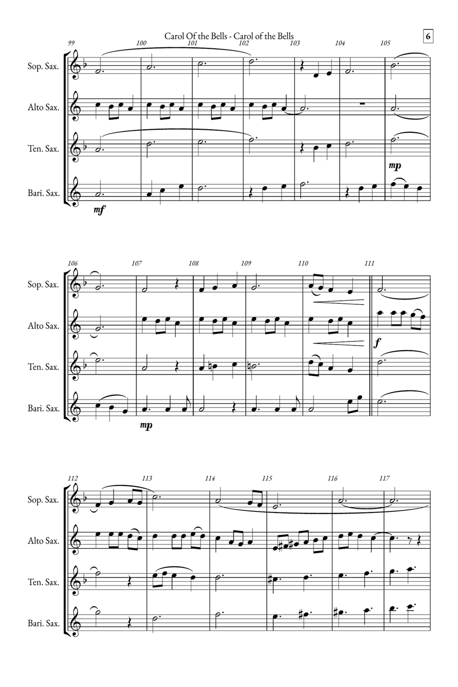 Carol of the Bells Saxophone Quartet scores gallery preview page 6