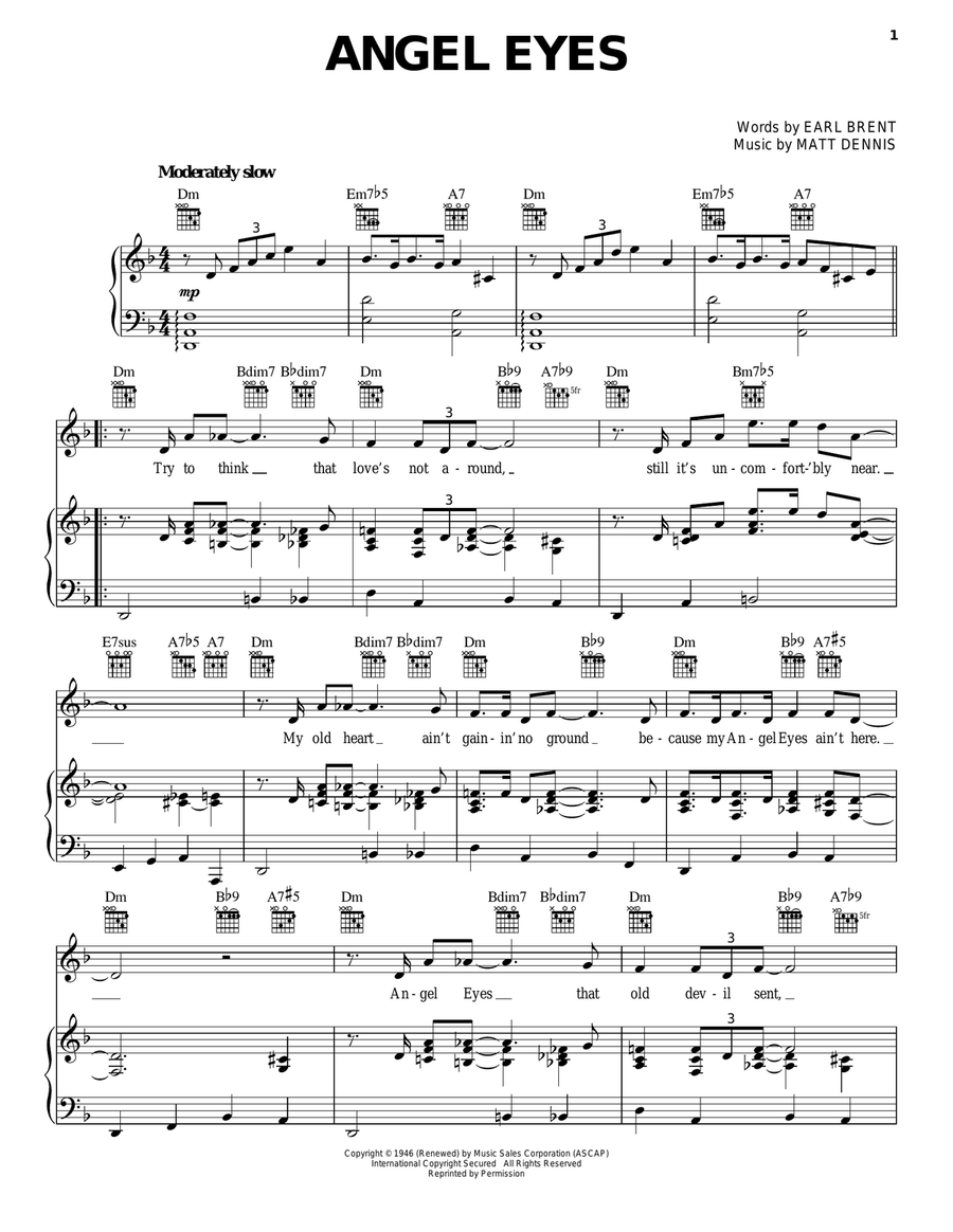 Angel Eyes Piano, Vocal, Guitar scores gallery preview page 1