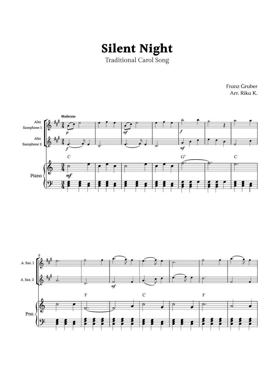 Silent Night for Alto Sax Duet with Piano Woodwind Duet scores gallery preview page 1