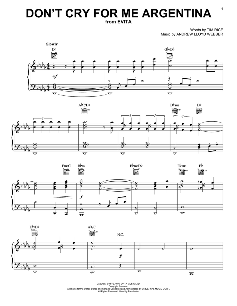 Don't Cry For Me Argentina Piano, Vocal, Guitar scores gallery preview page 1