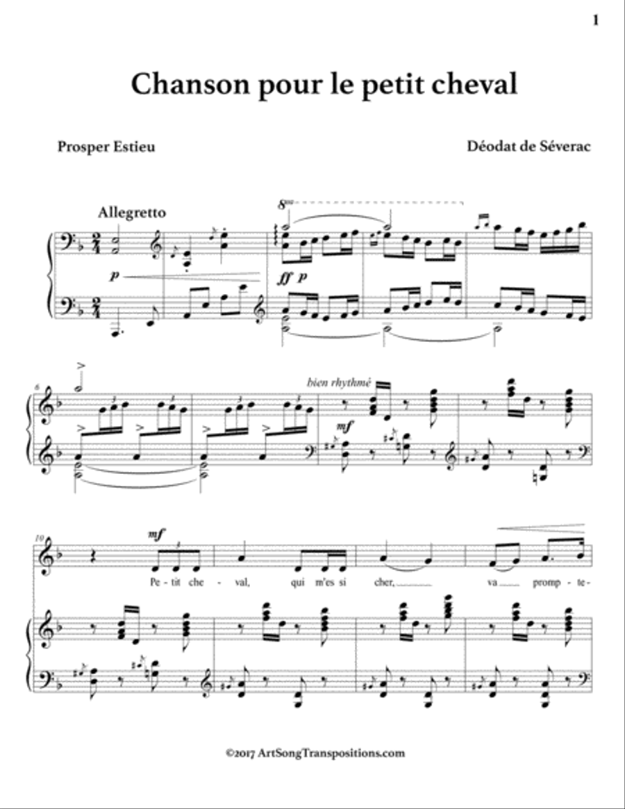 DE SÉVERAC: Chanson pour le petit cheval (transposed to D minor) Voice scores gallery preview page 2