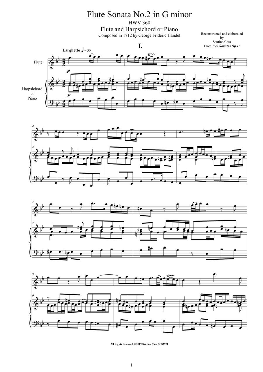 Handel - Flute Sonata No.2 in G minor Op.1 HWV 360 for Flute and Harpsichord or Piano Flute scores gallery preview page 1