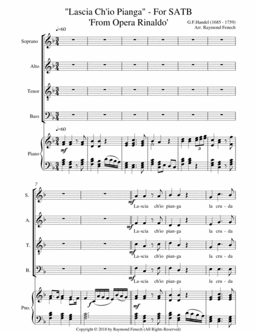 Lascia Ch'io Pianga - From Opera 'Rinaldo' - G.F. Handel ( SATB Voices and Piano) image number null