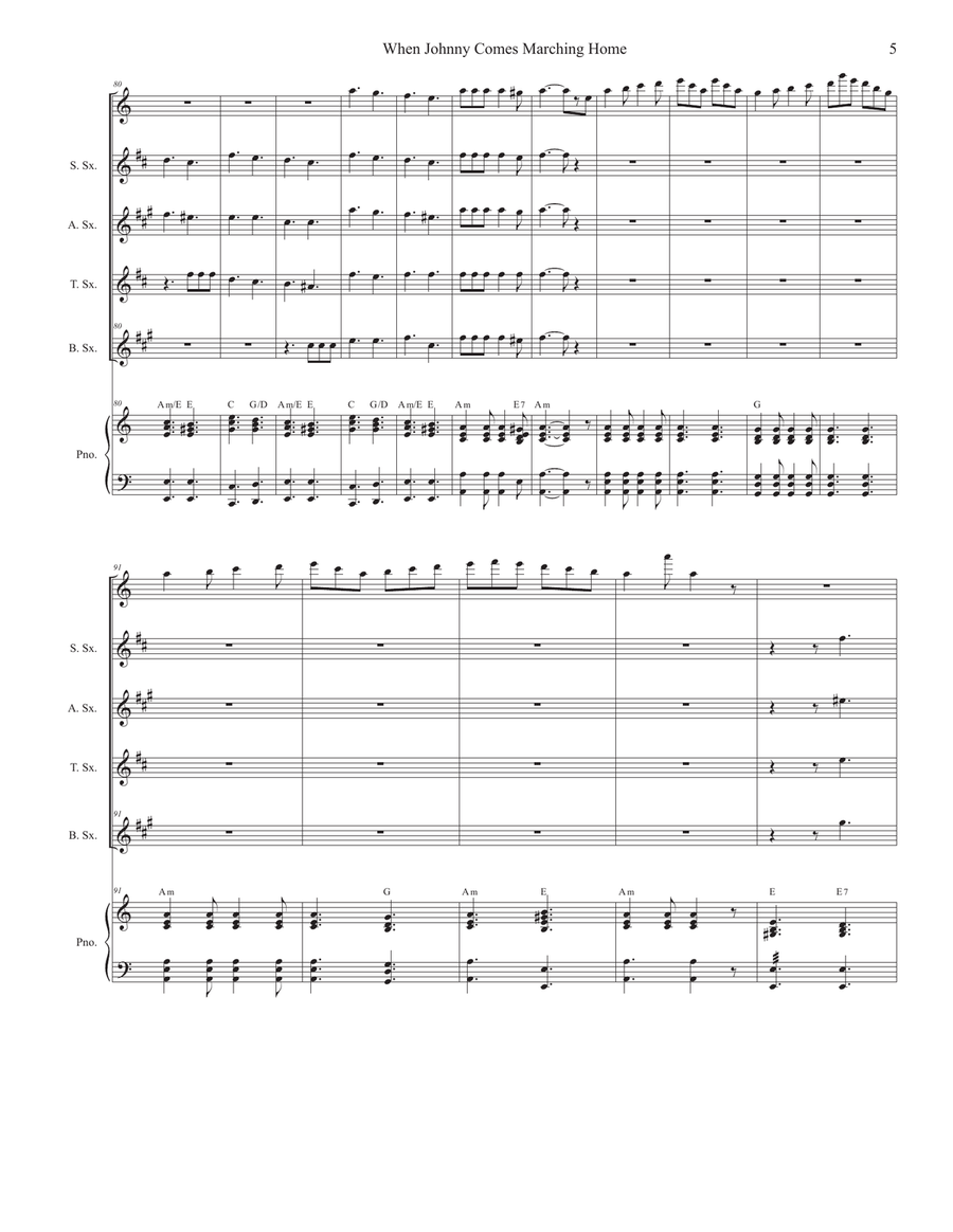 When Johnny Comes Marching Home (Saxophone Quartet and Piano) Woodwind Ensemble scores gallery preview page 5