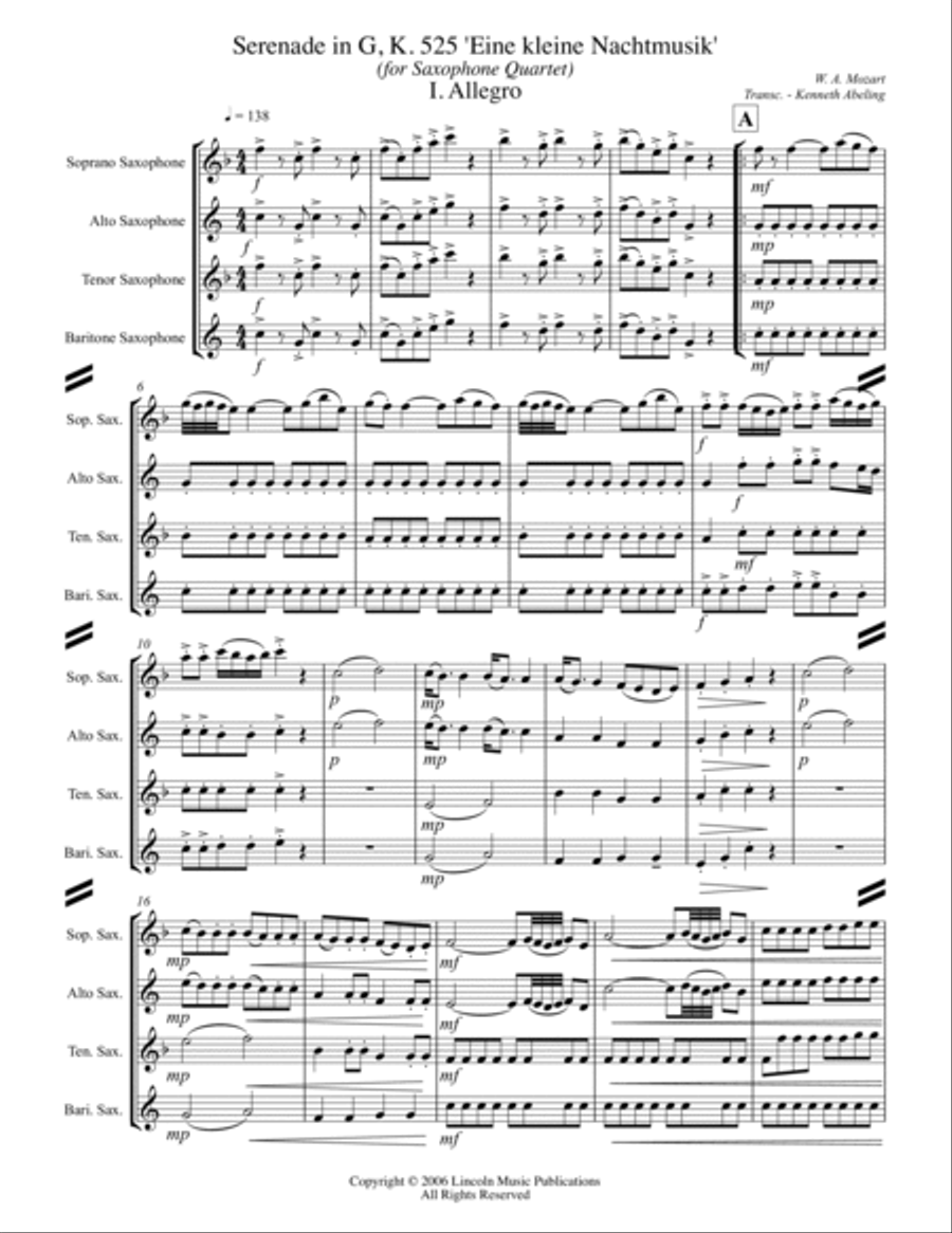 Mozart - Serenade in G – I. Allegro (Eine kleine Nachtmusik) (for Saxophone Quartet SATB) Saxophone Quartet scores gallery preview page 2