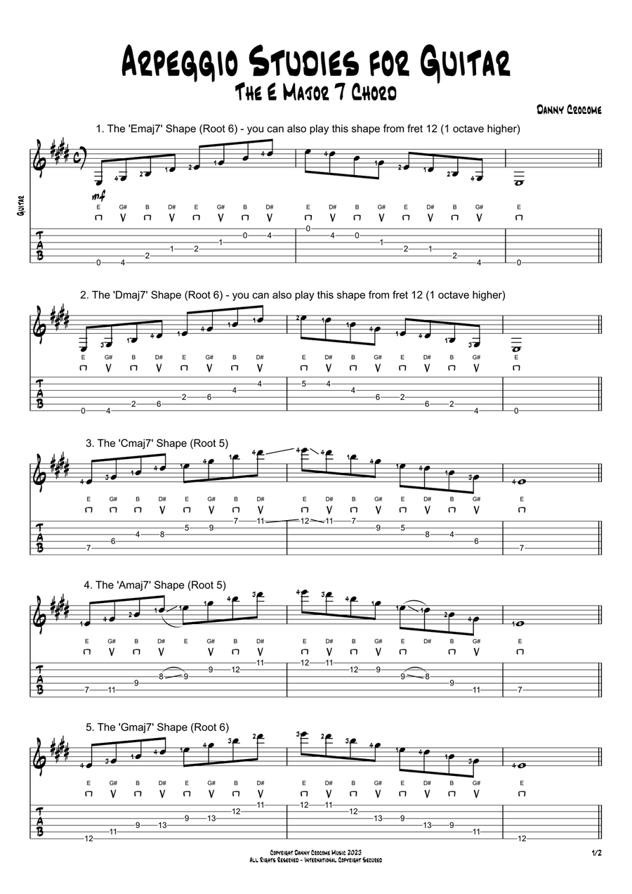 Arpeggio Studies for Guitar - The E Major 7 Chord Electric Guitar scores gallery preview page 1