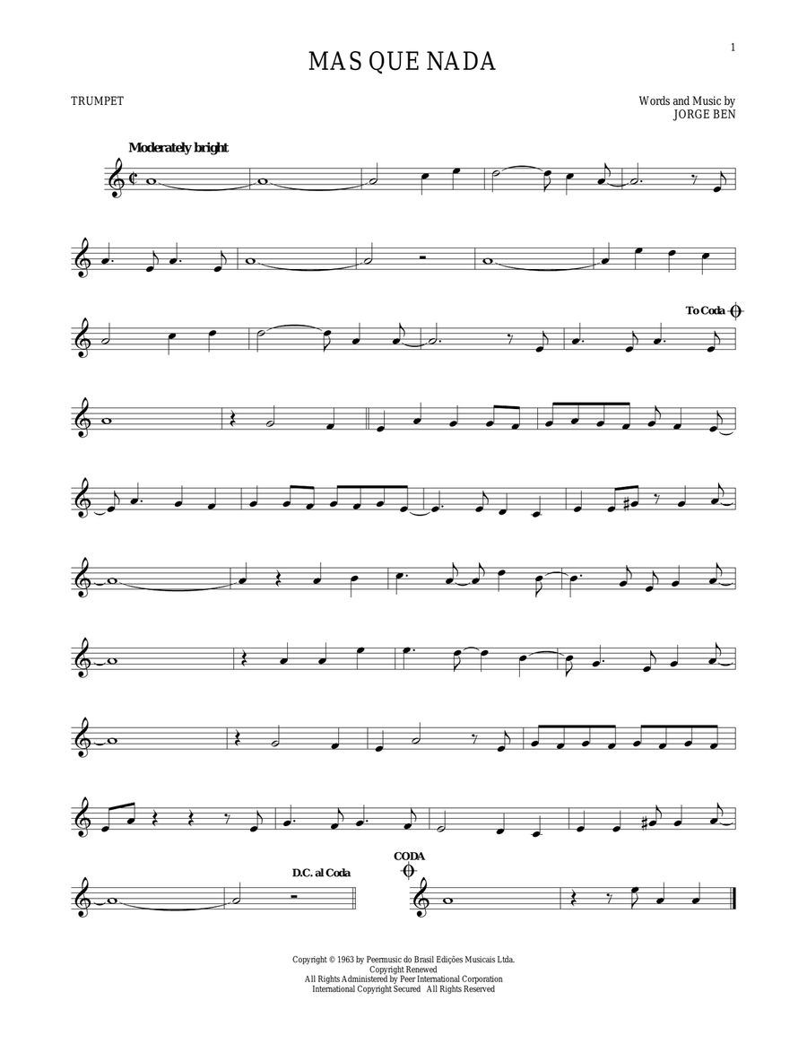 Mas Que Nada by Sergio Mendes Trumpet Solo Digital Sheet Music Sheet Music Plus