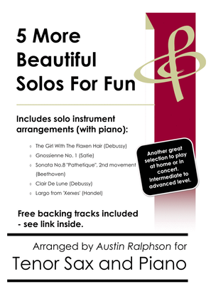 Book cover for 5 More Beautiful Tenor Sax Solos for Fun - with FREE BACKING TRACKS & piano accompaniment
